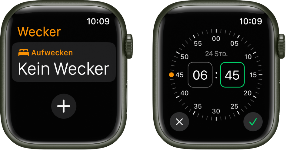 Zwei Ansichten der Uhr, die die Vorgehensweise zum Hinzufügen eines Weckers zeigen: Tippe auf „Wecker hinzufügen“, drehe die Digital Crown, um die Zeit anzupassen, und tippe auf „Stellen“.