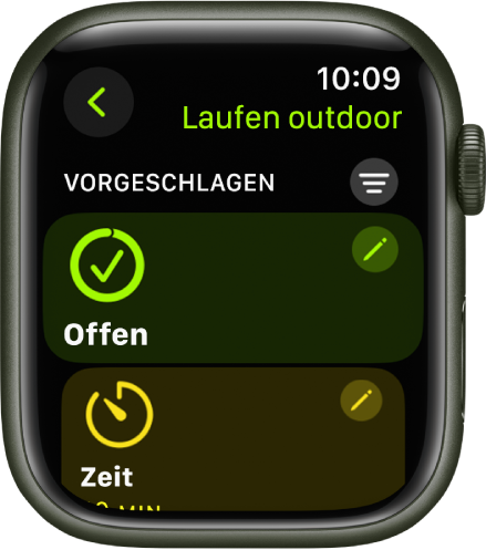 Die App „Training“ mit einer Anzeige zum Bearbeiten eines Outdoor-Lauftrainings. Die Kachel „Offen“ wird in der Mitte angezeigt. In ihrer oben rechten Ecke befindet sich die Taste „Bearbeiten“. Darunter ist ein Teil der Kachel „Zeit“ zu sehen.