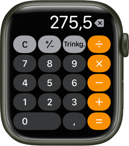 Die Apple Watch mit der App „Rechner“. Auf dem Display ist ein typischer Ziffernblock zu sehen. Rechts befinden sich mathematische Funktionen. Oben sind die Taste „C“, das Plus- und das Minuszeichen sowie eine Taste für die Berechnung von Trinkgeld zu sehen.