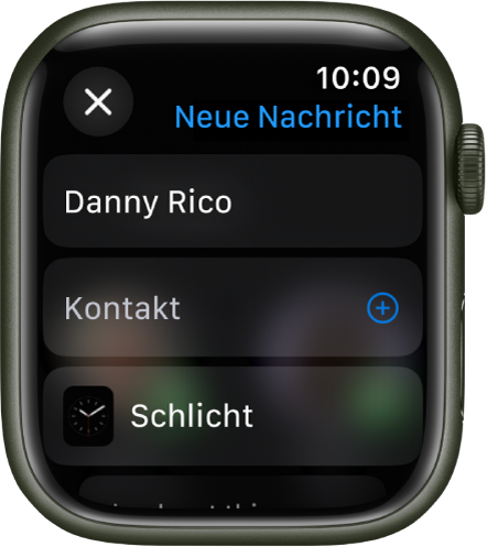 Die Apple Watch mit einer Nachricht zum Teilen des Zifferblatts. Der Name der Person, die das Zifferblatt erhält, steht oben. Darunter befinden sich die Taste „Kontakt hinzufügen“ und der Name des Zifferblatts.