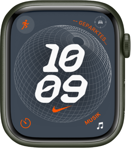 Das Zifferblatt „Nike Globe“ mit einer digitalen Uhr in der Mitte und vier Komplikationen: „Training“ oben links, „Wegpunkt des geparkten Autos“ oben rechts, „Timer“ unten links und „Musik“ unten rechts.