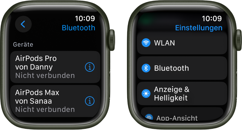 Zwei Displays nebeneinander. Links sind zwei verfügbare Bluetooth-Geräte zu sehen: AirPods Pro und AirPods Max, beide sind nicht verbunden. Rechts sind die Einstellungen zu sehen mit einer Liste, die die Tasten „WLAN“, „Bluetooth“, „Anzeige & Helligkeit“ und „App-Ansicht“ enthält.