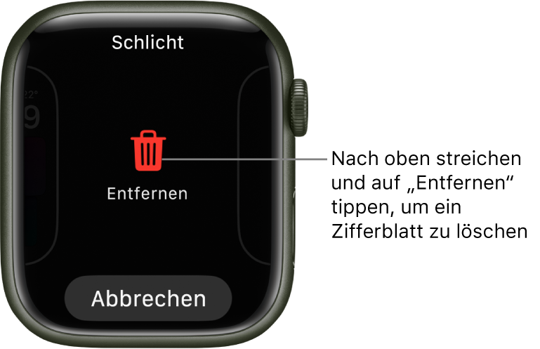 Display der Apple Watch mit den Tasten „Entfernen“ und „Abbrechen“, die angezeigt werden, wenn du zu einem Zifferblatt streichst und auf diesem nach oben streichst, um es zu löschen.