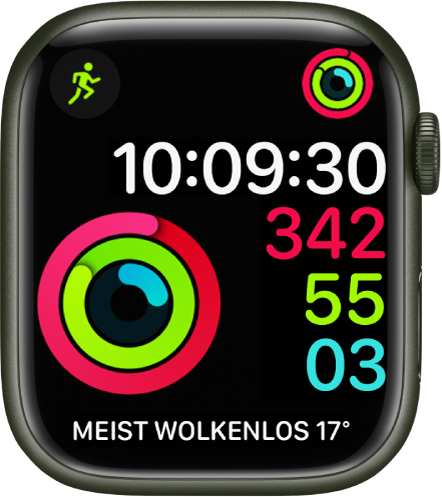 Das Zifferblatt „Aktivität Digital“ zeigt neben der Zeit auch deinen Fortschritt bei den Zielen „Bewegen“, „Trainieren“ und „Stehen“. Es gibt außerdem drei Komplikationen: „Training“ oben links, „Aktivität“ oben rechts und die Komplikation „Wetterbedingungen“ unten.