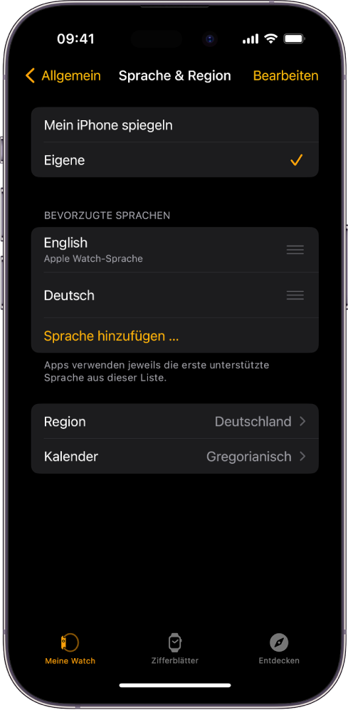 Die Anzeige „Sprache & Region“ in der Apple Watch-App mit „Englisch“ und „Spanisch“ als „Bevorzugte Sprachen“.