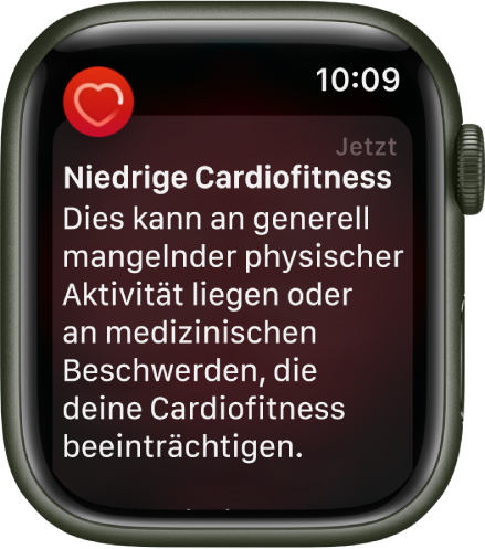 Eine Warnung der App „Herzfrequenz“ über eine niedrige Cardiofitness.