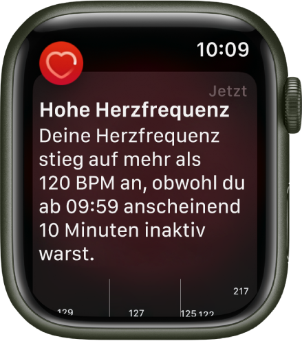 Ein Warnbildschirm der App „Herzfrequenz“ mit dem Hinweis, dass eine zu hohe Herzfrequenz festgestellt wurde.