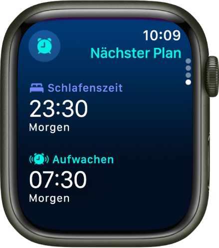 Die App „Schlaf“ auf der Apple Watch mit dem Schlafplan für den Abend. Oben wird „Schlafenszeit“ angezeigt, darunter befindet sich „Aufwecken“.