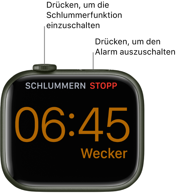 Eine auf der Seite liegende Apple Watch mit einem klingelnden Wecker. Unter der Digital Crown befindet sich das Wort „Schlummern“. Unter der Seitentaste ist das Wort „Stopp“ zu sehen.