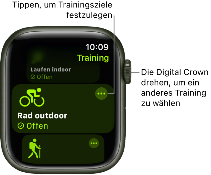 Die App „Training“ mit hervorgehobenem Training „Rad outdoor“. Die Taste „Mehr“ befindet sich oben rechts in der Trainingskachel.