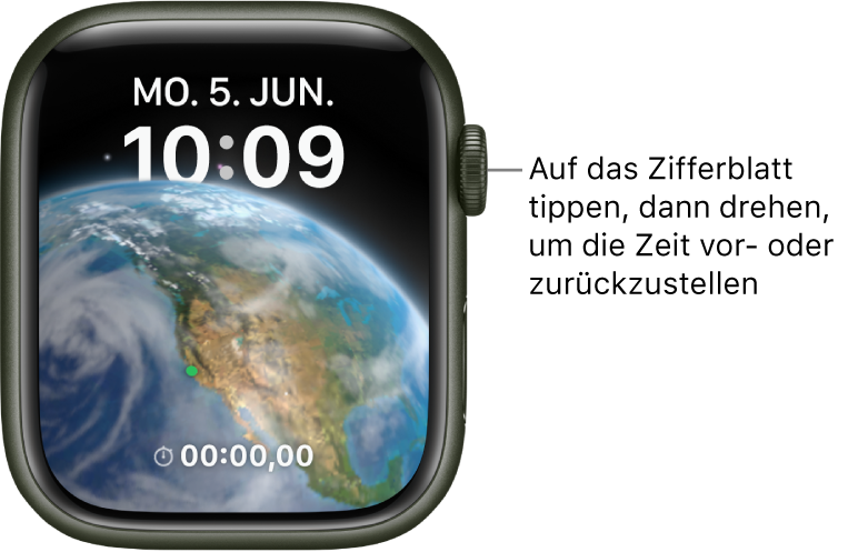 Auf dem Zifferblatt „Astronomie“ werden Wochentag, Datum und aktuelle Uhrzeit angezeigt. Unten ist die Komplikation „Timer“ zu sehen. Tippe auf das Zifferblatt und drehe dann die Digital Crown, um in der Zeit vor- oder zurückzugehen.