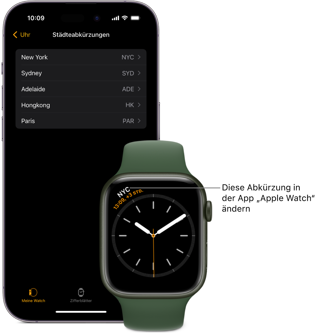 Ein iPhone neben einer Apple Watch. Das Apple Watch-Display zeigt die Uhrzeit in New York und verwendet dabei die Abkürzung NYC. Der iPhone-Bildschirm mit der Liste der Städte in den Einstellungen für „Uhr“ in der Apple Watch-App.