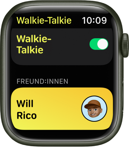 Die App „Walkie-Talkie“ mit dem Schalter „Walkie-Talkie“ oben und einer eingeladenen Person unten.