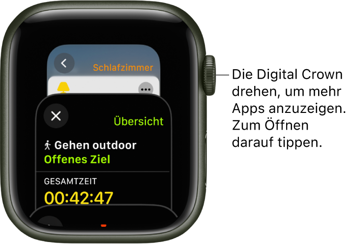 Der App-Umschalter mit der App „Training“. Drehe die Digital Crown, um weitere Apps anzuzeigen. Tippe auf die gewünschte App, um sie zu öffnen.