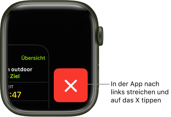 Der App-Umschalter mit einem großen X auf der rechten Seite und einem Teil einer App-Anzeige auf der linken Seite. Tippe auf das „X“, um die App aus dem App-Umschalter zu entfernen.