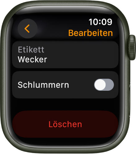 Bildschirm „Wecker bearbeiten“ mit der Taste „Löschen“ unten.