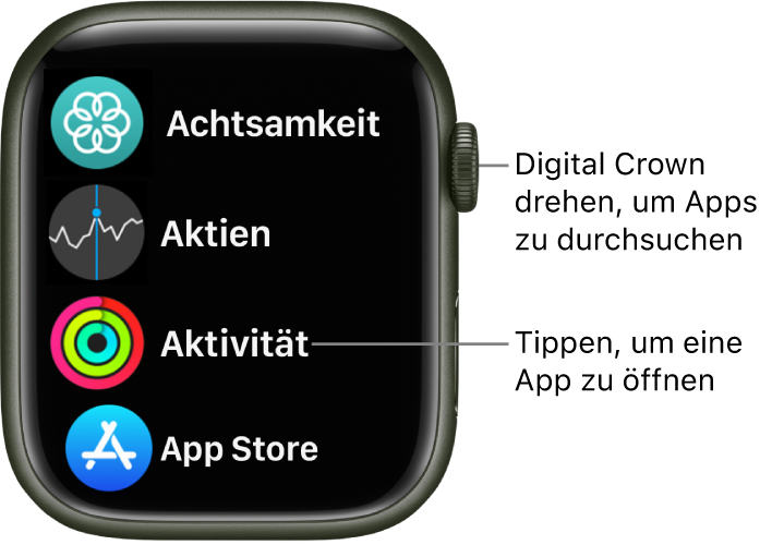 Home-Bildschirm in der Listendarstellung auf der Apple Watch mit Apps in einer Liste. Tippe auf eine App, um sie zu öffnen. Scrolle, um mehr Apps anzuzeigen.