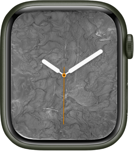 Das Zifferblatt „Flüssigmetall“ zeigt eine analoge Uhr in der Mitte umgeben von Flüssigmetall.
