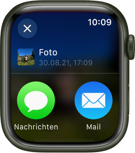 Die Anzeige „Teilen“ in der App „Fotos“. Das geteilte Foto befindet sich oben und die Tasten „Nachrichten“ und „Mail“ werden darunter angezeigt.