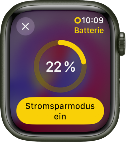 Die Anzeige für den Stromsparmodus mit einem Teil eines gelben Rings, der die Restladung angibt. In der Mitte des Rings ist die 22-Prozent-Marke. Unten befindet sich die Taste „Stromsparmodus  ein“. Oben links ist die Taste „Schließen“.