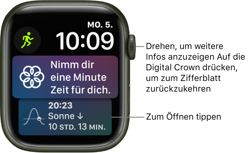 Das Zifferblatt „Siri“ mit Datum und Uhrzeit oben rechts. Oben links befindet sich eine Komplikation „Training“. Darunter ist eine Komplikation „Achtsamkeit“. Unten befindet sich die Komplikation „Sonnenaufgang/Sonnenuntergang“.