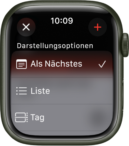 Die App „Kalender“ mit „Darstellungsoptionen“ – „Als Nächstes“, „Liste“ und „Tag“. Oben rechts befindet sich die Taste „Hinzufügen“.