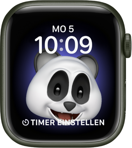 Das Zifferblatt „Memoji“, auf dem du die Memoji-Figur anpassen kannst. Unten befindet sich eine Komplikation. Tippe auf das Display, um das Memoji zu animieren. Datum und Uhrzeit werden oben angezeigt und die Komplikation „Timer“ befindet sich unten.