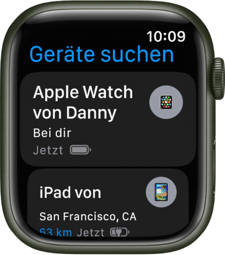 Die App „Geräte suchen“ mit zwei Geräten – einer Apple Watch und einem iPad.