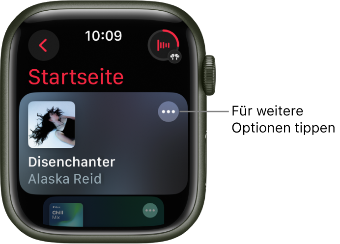 Die App „Musik“ mit dem Home-Bildschirm, auf dem ein Album angezeigt wird. Rechts ist die Taste „Weitere Optionen“. Oben rechts ist die Taste „Jetzt läuft“. Oben links ist die Taste „Zurück“.