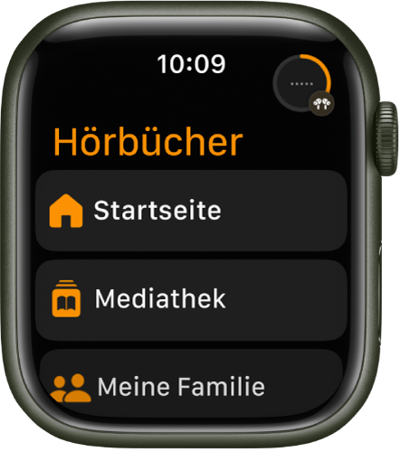Die App „Hörbücher“ mit den Tasten „Home“, „Mediathek“ und „Meine Familie“.