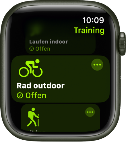 Die App „Training“ mit hervorgehobenem Training „Rad outdoor“. Die Taste „Mehr“ befindet sich oben rechts in der Trainingskachel.