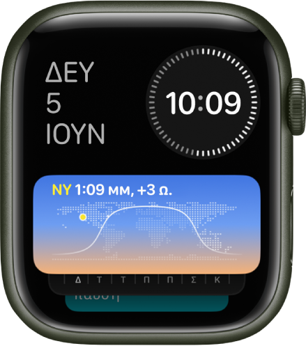 Η Έξυπνη στοίβα στο Apple Watch όπου εμφανίζονται τρία widget: Ημέρα και ημερομηνία πάνω αριστερά, ψηφιακή ώρα πάνω δεξιά και Παγκόσμια ώρα στη μέση.