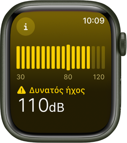 Η εφαρμογή «Θόρυβος» όπου φαίνεται ένα επίπεδο ήχου 110 ντεσιμπέλ με τη λέξη «Δυνατά» από πάνω. Ένας μετρητής ήχου εμφανίζεται στη μέση της οθόνης.