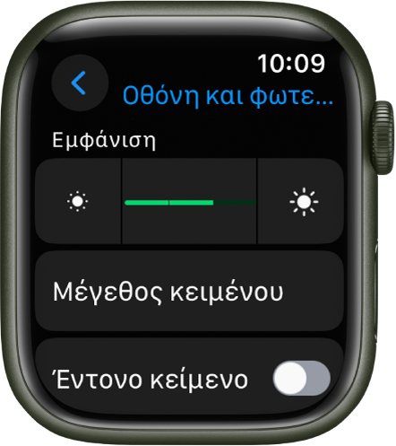 Οι ρυθμίσεις Φωτεινότητας στο Apple Watch, με το ρυθμιστικό Φωτεινότητας στο πάνω μέρος και το κουμπί «Μέγεθος κειμένου» από κάτω.