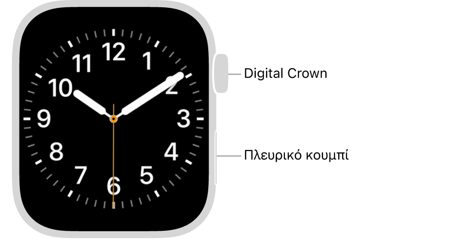 Η πρόσοψη του Apple Watch, με το Digital Crown στο πάνω μέρος στη δεξιά πλευρά του ρολογιού, και το πλευρικό κουμπί κάτω δεξιά.