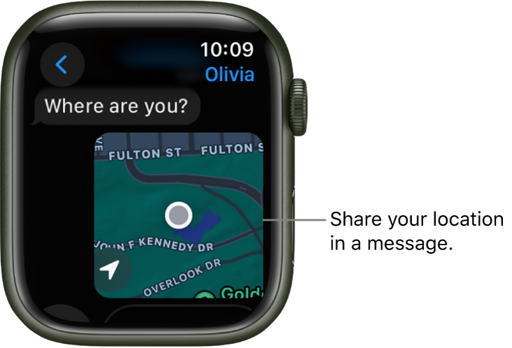 The Messages app showing a map with a person’s marked location.