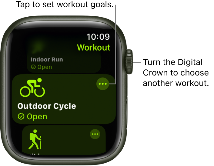 The Workout screen with the Outdoor Cycle workout highlighted. A More button is at the top right of the workout tile.