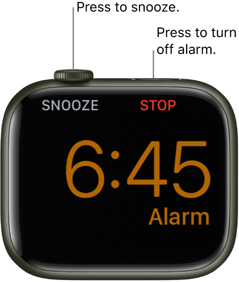 An Apple Watch placed on its side, with the screen showing an alarm that’s gone off. Below the Digital Crown is the word “Snooze.” The word “Stop" is below the side button.