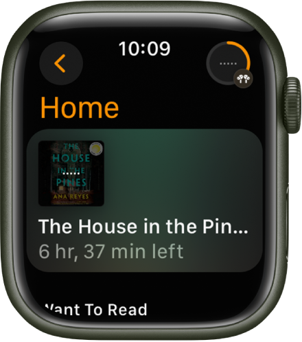 The Home screen in the Audiobooks app. The Now Playing button is at the top right. The currently playing book is shown in the middle, with the remaining time shown below the title.