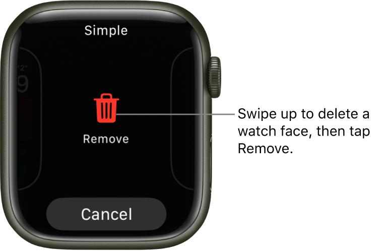 The Apple Watch screen showing Remove and Cancel buttons, which appear after you swipe to a watch face, then swipe up on it to delete it.