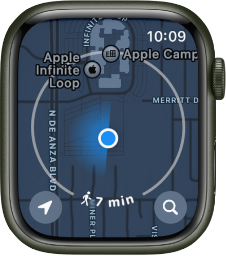 The Maps app with a circle around the current location, representing a seven-minute walking radius. A Location button is at the bottom left and a Search button is at the bottom right.