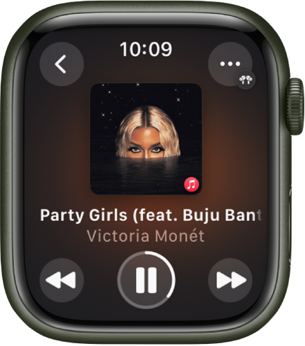 The Now Playing screen showing album art, song title, and artist name below. Play controls are in the middle. The More Options button is at the top right. A Back button is at the top left.