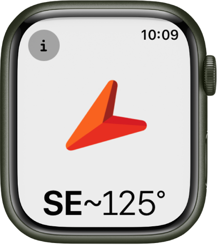 The Compass app showing a large arrow pointing in the direction of the heading that appears below. The Info button is at the top left.