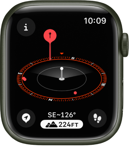 The Compass app showing the 3D elevation view. The current location is marked with a white pillar in the middle of the angled compass dial. A red pin on a longer pillar marks a distant waypoint.