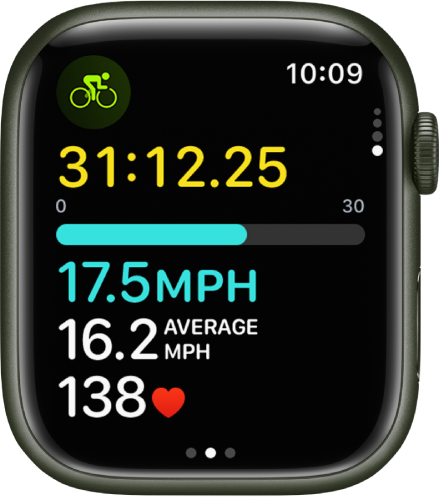 A cycling workout in progress shows the workout’s elapsed time, speed, average speed, and heart rate.