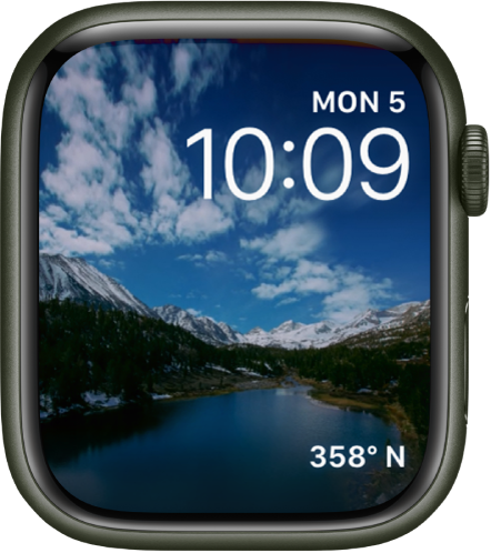 The Timelapse watch face shows timelapse video of a scenic locale. At the bottom is the Compass Heading complication.