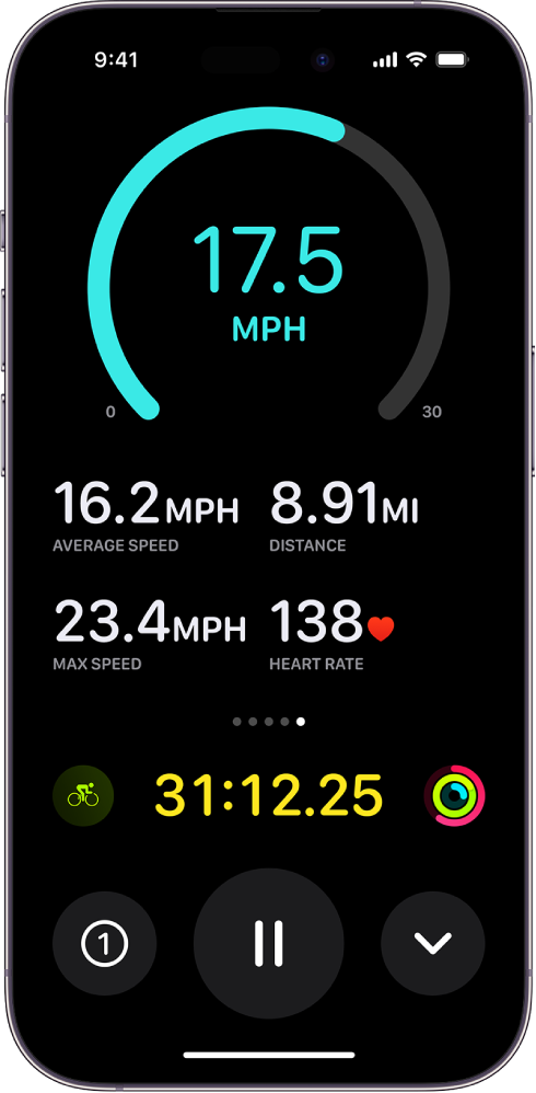 A cycling workout in progress is displayed as a Live Activity on iPhone, and shows the workout’s speed, average speed, distance traveled, maximum speed, heart rate, and total elapsed time.
