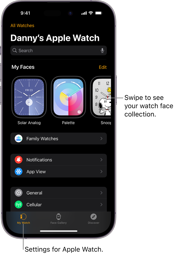 The Apple Watch app on iPhone open to the My Watch screen, which shows your watch faces near the top, and settings below. There are three tabs at the bottom of the Apple Watch app screen: the left tab is My Watch, where you go for Apple Watch settings; next is the Face Gallery, where you can explore available watch faces and complications; then Discover, where you can learn more about Apple Watch.
