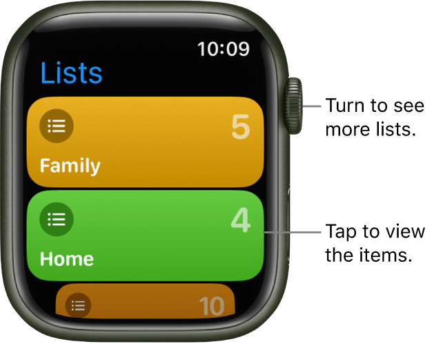 The Reminders app’s Lists screen showing two list buttons—Family and Home. Numbers at the right tell you how many reminders are in each list. Tap a list to view the items in it, or turn the Digital Crown to see more lists.
