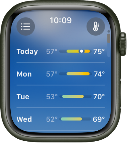 The 10-day forecast screen, showing four days of estimated low and high temperatures.